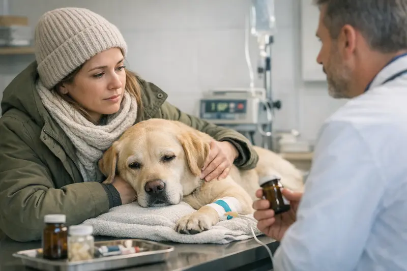Hundekrankenversicherung Winterrisiken Hund in winterlicher Umgebung, der aufmerksam auf mögliche Gefahren wie Vergiftungen achtet.