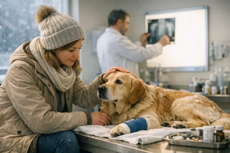 Hund beim Tierarzt Winterunfall Ein Hundewelpe ist beim Tierarzt zur Untersuchung nach einem Winterunfall.