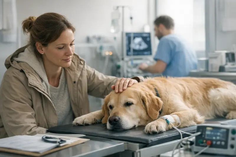 Tierarzthonorar im Notdienst Ein Hund wird in einer Tierarztpraxis in einem Notfall behandelt, um die unterschiedlichen Kosten im Notdienst zu erläutern.