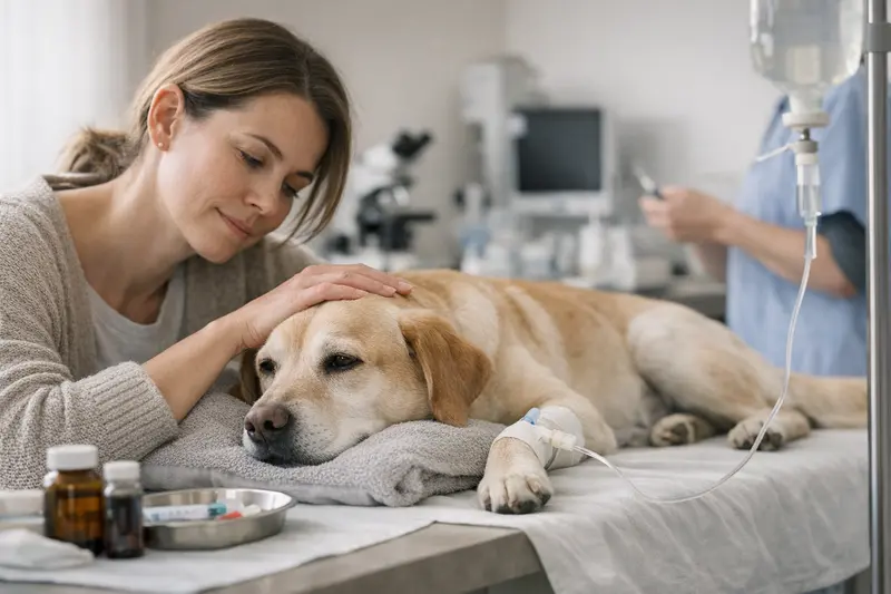 Hundehalter bespricht mit dem Tierarzt die Tarifdetails einer Hundekrankenversicherung bei Magen-Darm-Symptomen.