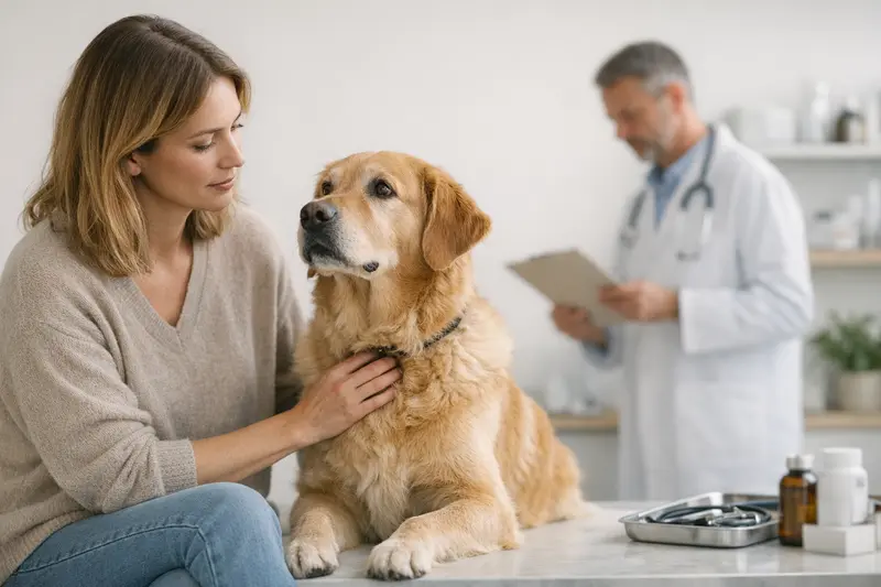 Ein Hundebesitzer bringt seinen Hund zur Vorsorgeuntersuchung beim Tierarzt.