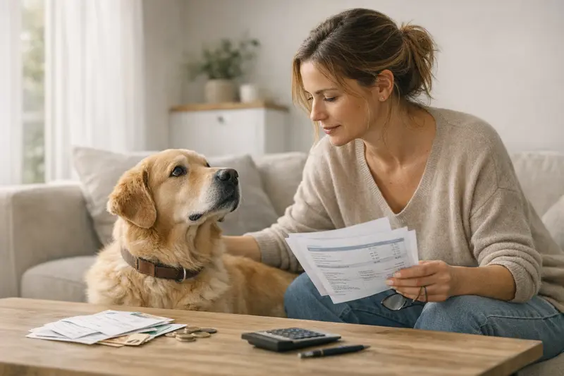 Ein Hund beim Tierarzt, der mit einem Besitzer über Selbstbeteiligung in der Versicherung spricht.