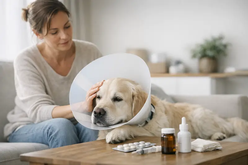 Hund beim Tierarzt, der nach einer Zahn-OP eine Nachsorgebehandlung erhält.