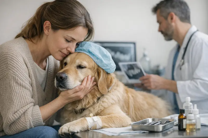 Zahnbehandlung beim Hund Ein Hund erhält im Tierarztstuhl eine Zahnbehandlung, während der Tierarzt den Hund beruhigt.
