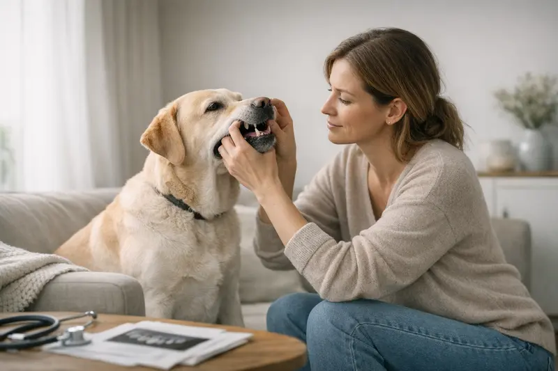 Ein Hund beim Tierarzt mit einer Tierärztin, die Informationen über Wartezeiten und Vorbefunde erklärt.