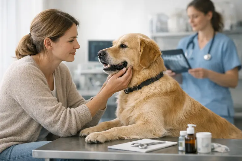 Tarifvergleich für Hundekrankenversicherung Hundehalter vergleicht Tarif für Tierkrankenversicherung auf dem Tablet