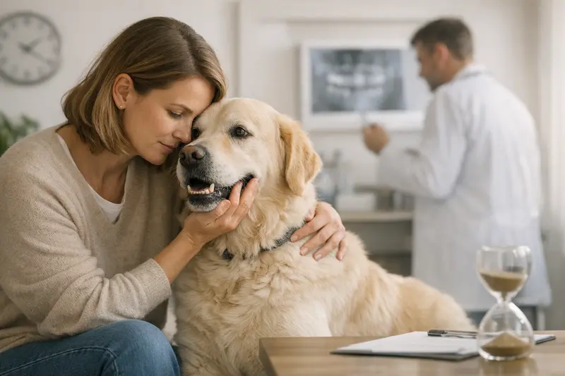 Zahnbehandlung Hund - Wartezeiten verstehen Eine Hundebesitzerin bespricht mit ihrem Tierarzt die Zahngesundheit ihres Hundes.