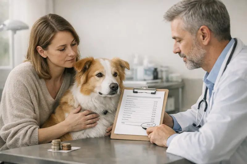 Hund Zahnbehandlung Tierarzt Ein Hund erhält eine Zahnbehandlung beim Tierarzt, während der Halter besorgt zusieht.