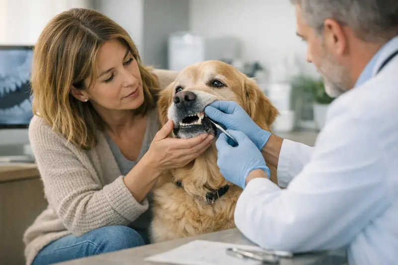 Zahnprobleme bei Hunden und Versicherung Hund beim Tierarzt mit Zahnproblemen und Behandlungsunterlagen