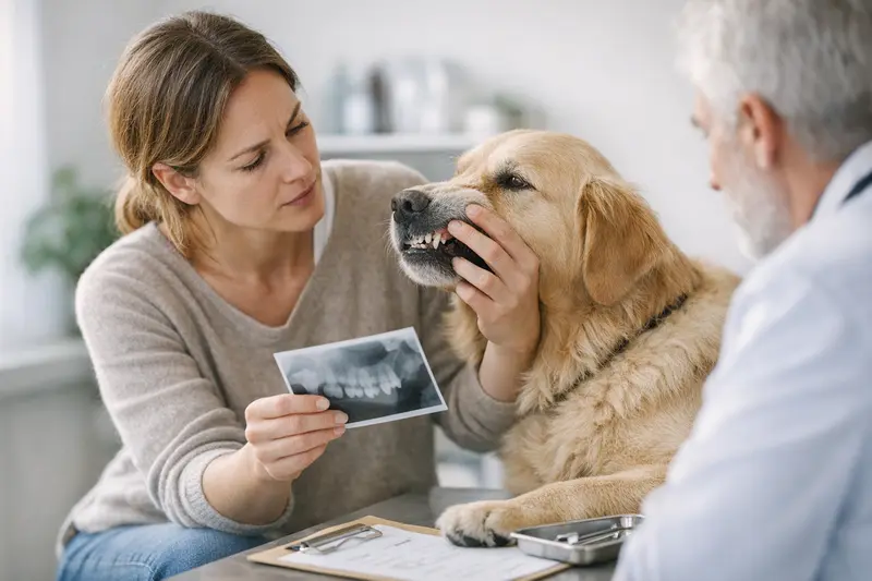 Tierarzt bei einer Zahnbehandlung bei einem Hund im Beratungsgespräch