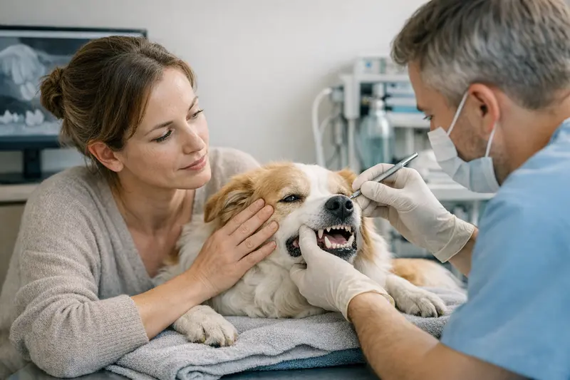 Tierarztbesuch Hund Zähne Untersuchung Ein Hund beim Tierarzt zur Untersuchung seiner Zähne, wichtig für die Absicherung bei Parodontitis.