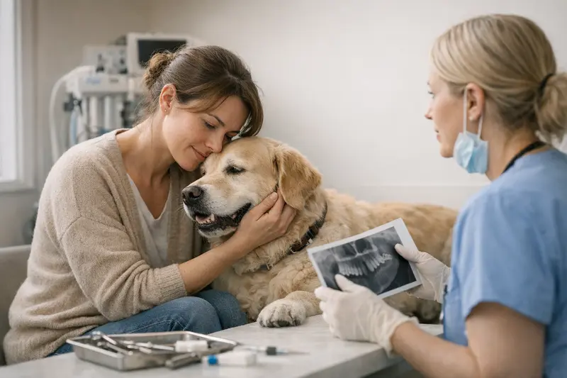 Tierarztuntersuchung Hundezähne Ein Hund wird vom Tierarzt auf Zahnprobleme untersucht.