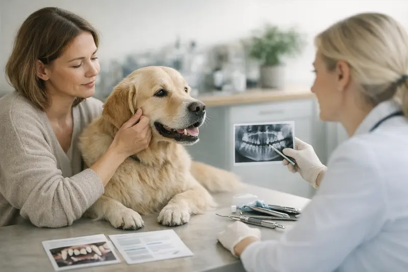 Hund beim Tierarzt für Zahnpflege Ein Hund beim Tierarzt, der eine Zahnpflegebehandlung erhält und dabei durch einen Tierarzt betreut wird.