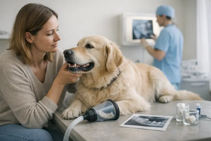 Tierarztbesuch bei Zahnproblemen Tierarzt untersucht einen Hund mit Zahnproblemen während einer Narkose.