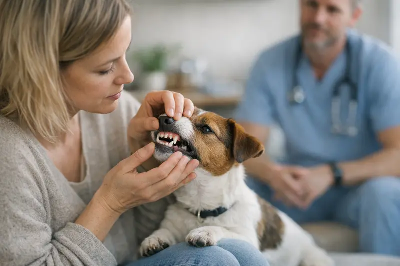 Ein Hund mit bleibenden Zähnen und einem Milchzahn, der nicht ausgefallen ist.
