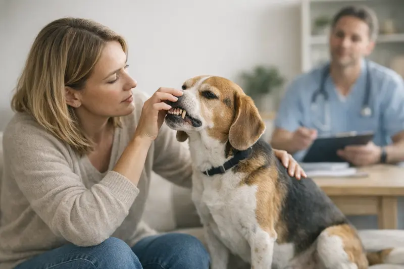 Parodontitis beim Hund und ihre Versicherung Ein Hund mit verärgertem Gesichtsausdruck, der behandelt wird, um Parodontitis vorzubeugen.