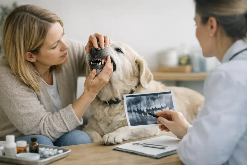 Hund beim Tierarzt wegen Zahnproblemen Ein Hund beim Tierarzt, der an Zahnproblemen leidet.