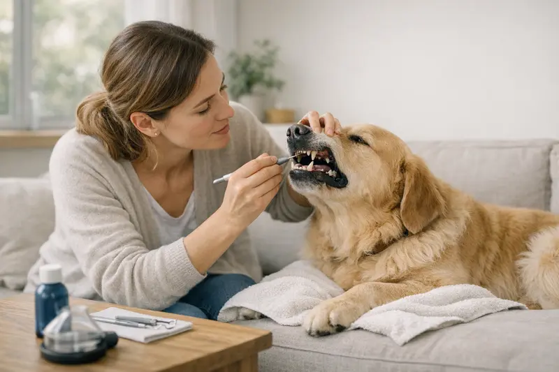 Hund beim Tierarzt zur Zahnbehandlung Ein Hundebesitzer mit seinem Hund beim Tierarzt zur Zahnsteinentfernung