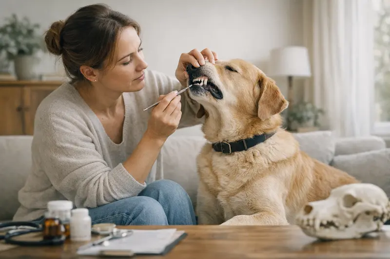 Tierarzt spricht mit Hundebesitzer über Zahnfleischentzündung und mögliche Versicherungsleistungen.