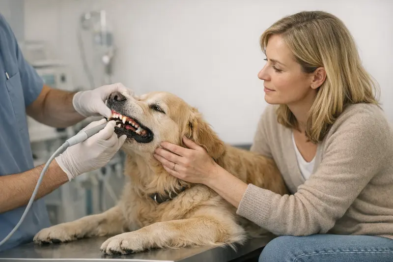 Professionelle Zahnreinigung Hund Ein Hund beim Tierarzt, der eine professionelle Zahnreinigung erhält.