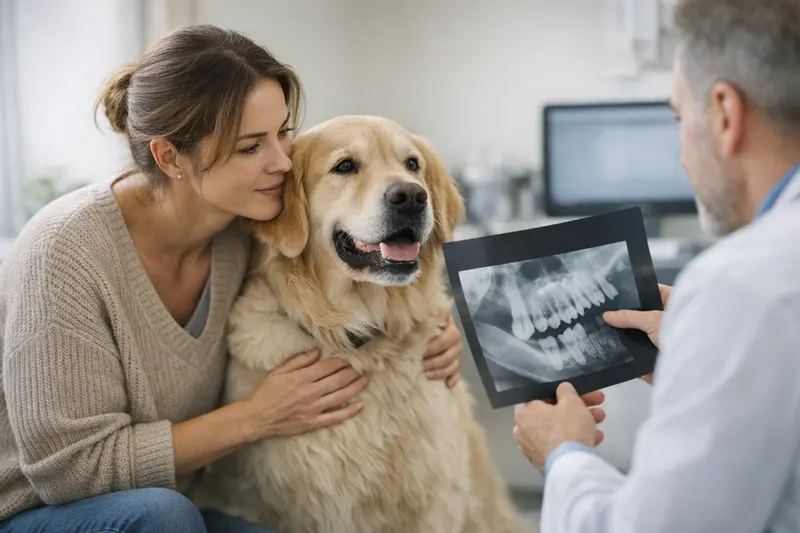 Röntgenuntersuchung bei Zahnproblemen von Hunden Ein Tierarzt untersucht den Kiefer eines Hundes mithilfe von Röntgenaufnahmen.