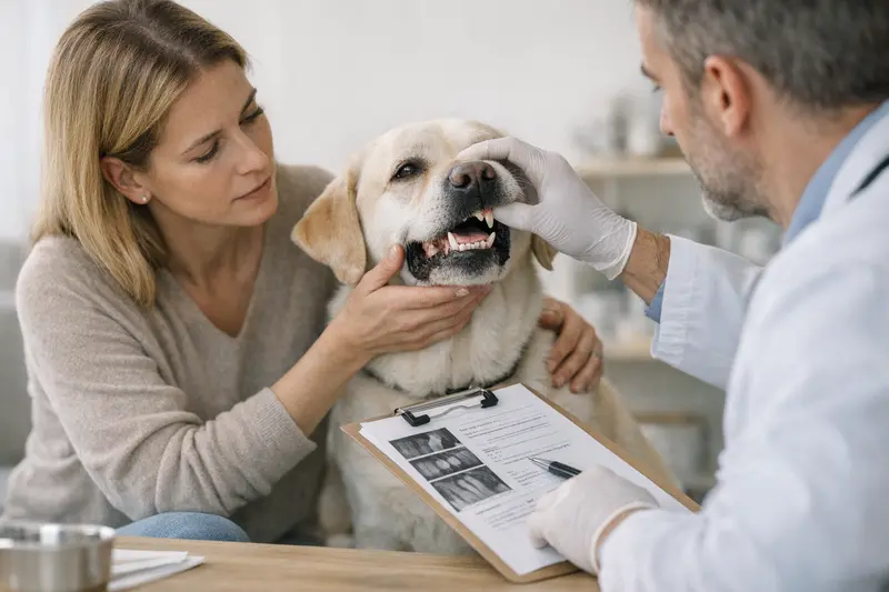 Hund beim Zahnarzt mit Fokus auf Zahnprobleme Zwischenaufnahme eines Hundes beim Zahnarzt, der Zahnprobleme untersucht.