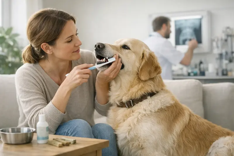 Ein Hund, der von seinem Tierarzt eine Zahnuntersuchung erhält, um Zahngesundheit vorzubeugen.
