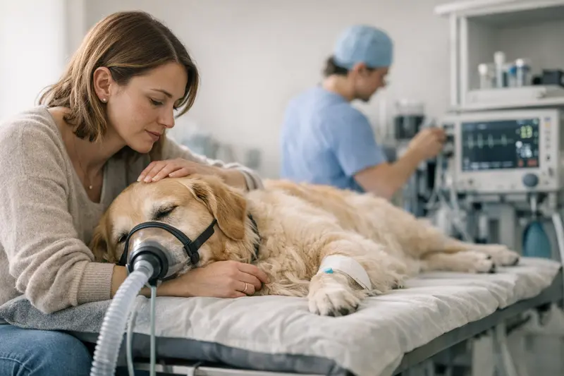 Hund beim Tierarzt mit Zahnbetreuung Ein Hund beim Tierarzt, der eine Zahnbehandlung mit Narkose erhält.