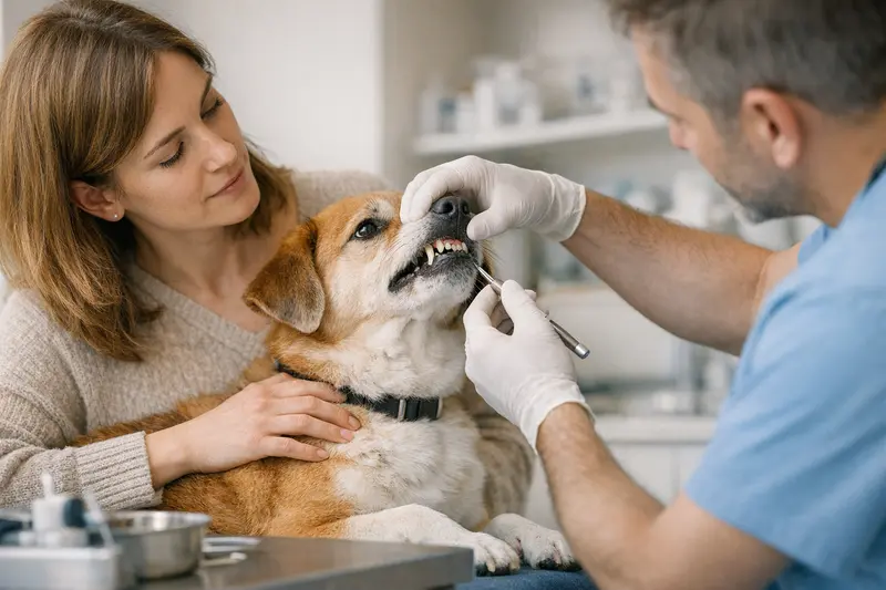 Ein Hund im Tierarztbesuch, um Zahnstein entfernen zu lassen und über medizinische Notwendigkeit der Behandlung informiert zu werden.