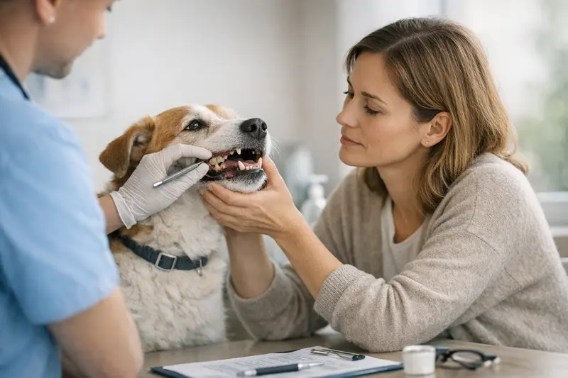 Zahnstein bei Hunden behandeln Hund beim Tierarzt mit Zahnpflege-Check