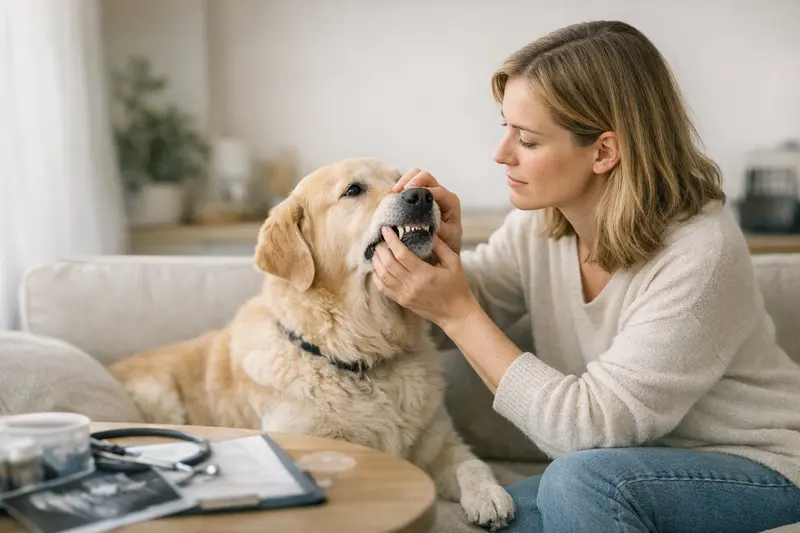 Hund mit Zahnschmerzen beim Tierarzt zur Untersuchung.