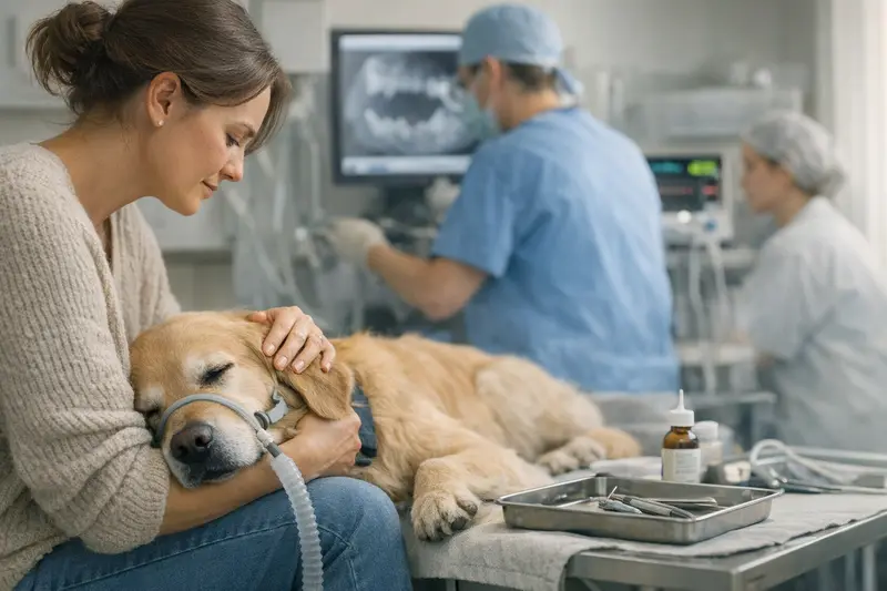 Tierarztuntersuchung von Hundezähnen Tierarzt untersucht das Maul eines Hundes zur Diagnostik von Zahnproblemen.