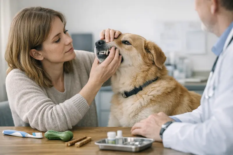 Zahnpflege Hund Ein Hund bekommt die Zähne geputzt, um die Zahngesundheit zu fördern.
