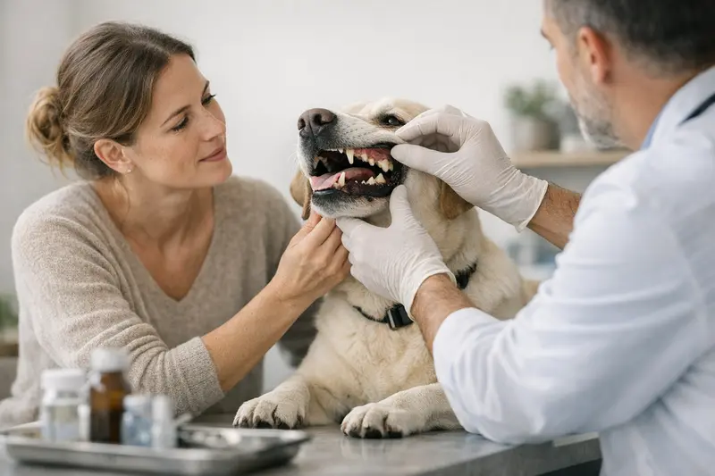 Hund beim Tierarzt zur Zahnextraktion Ein Hund liegt beim Tierarzt zur Zahnbehandlung, während die Meerrettichblätter für die Behandlung vorbereitet werden.