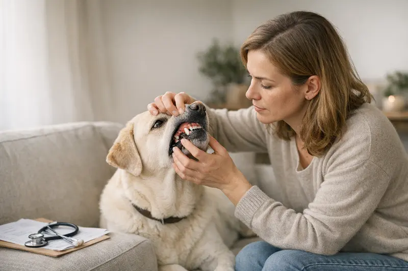 Ein Hund mit gerötetem Zahnfleisch in einer Untersuchungssituation beim Tierarzt.