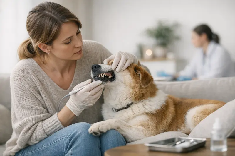 Zahnsteinentfernung Hund Hund beim Tierarzt zur Zahnsteinentfernung mit einem Tierarzt.