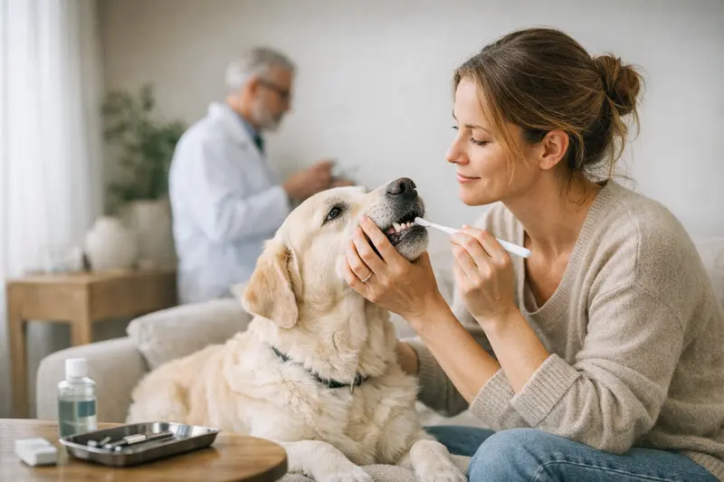 Ein Hund bekommt liebevolle Zahnpflege durch seinen Besitzer.