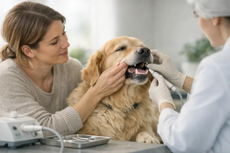 Zahnreinigung Hund beim Tierarzt Ein Hund auf einer Tierarztpraxis-Bank während einer Zahnreinigungsuntersuchung.