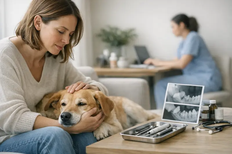 Ein Hund erhält eine Zahnreinigung beim Tierarzt, während der Halter besorgt zuschaut.