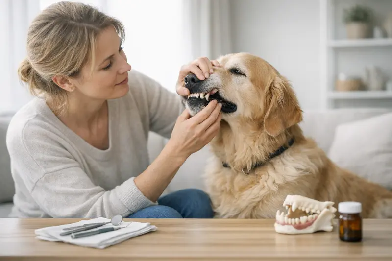 Hund während einer zahnärztlichen Untersuchung beim Tierarzt, um wichtige Tarifdetails für Zahnbehandlungen zu erläutern.