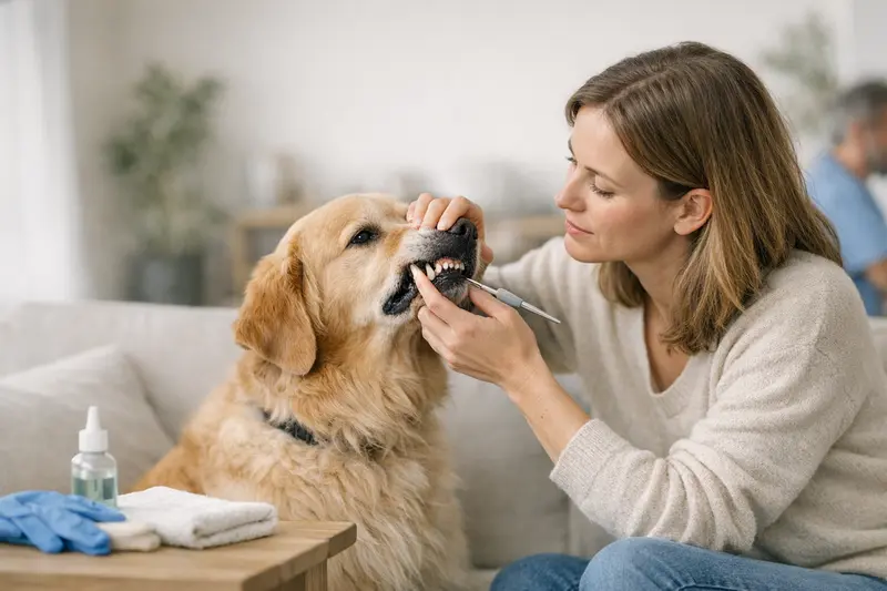Zahnreinigung Hund Versicherung Ein Hund wird beim Tierarzt untersucht, während die Frage zur Kostenübernahme von Zahnreinigungen besprochen wird.
