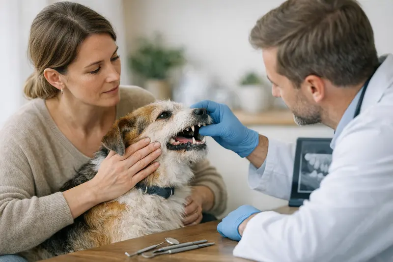 Zahnbehandlung Hund Tierarzt untersucht den Zahn eines Hundes im Rahmen einer Behandlung.