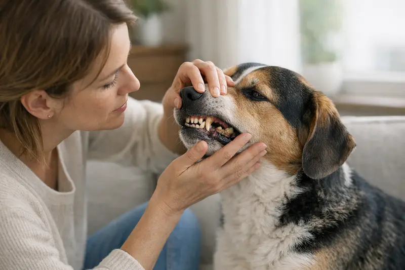 Hund mit sichtbarem Zahnstein während einer tierärztlichen Untersuchung