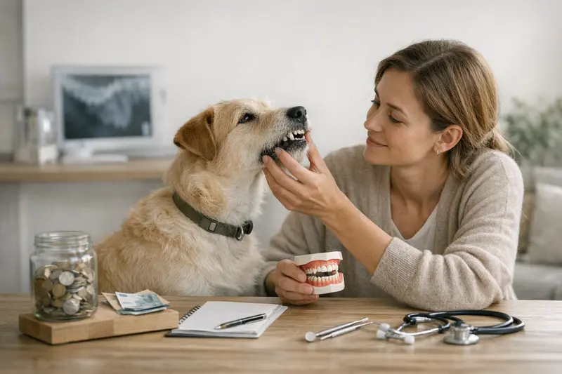 Eine Hundebesitzerin zeigt ihrem Hund die Zähne während einer Zahnpflegeuntersuchung.