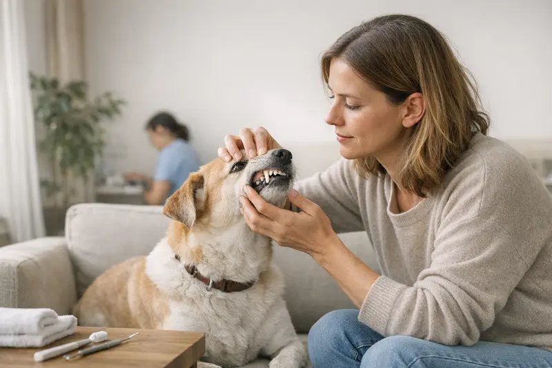 Tierarztuntersuchung zur Zahnsteinentfernung beim Hund Ein Hund, der beim Tierarzt zur Zahnsteinentfernung untersucht wird und gesundes Zahnfleisch zeigt.