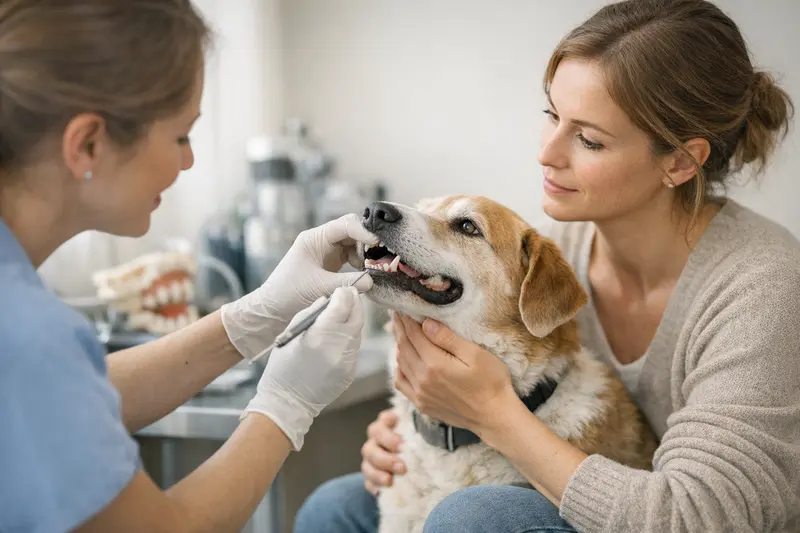 Tierarztbesuch Hund Zahnbehandlung Ein Hund wird vom Tierarzt untersucht, um mögliche Zahnbehandlungen zu besprechen.
