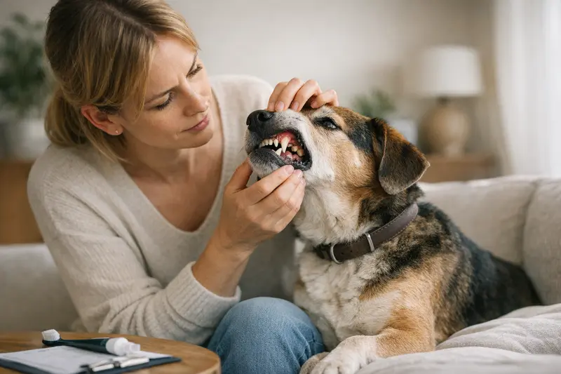 Zahnpflege beim Hund Ein Hund mit Zahnpflegeproblemen, der beim Tierarzt untersucht wird.