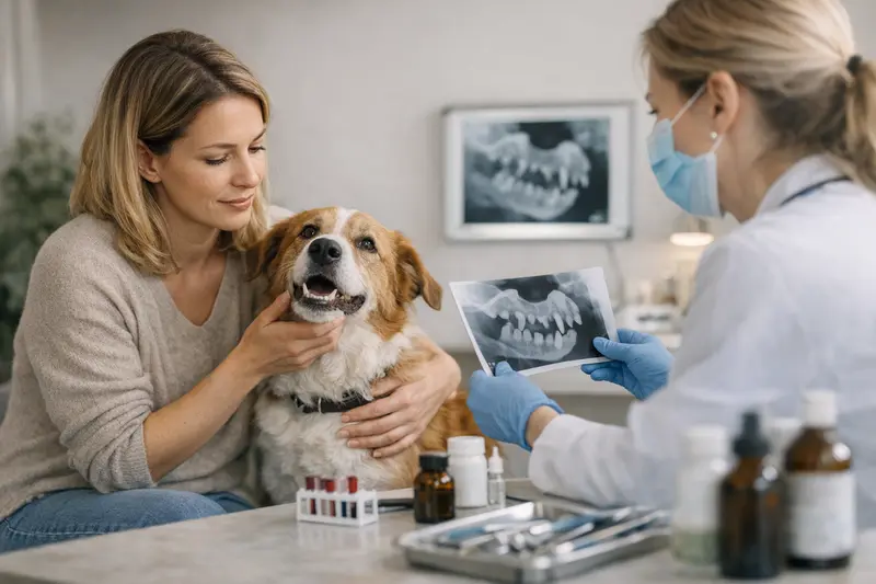 Ein Hund beim Tierarzt, der sich einer Zahnbehandlung unterzieht, während die Kosten für Zusatzleistungen deutlich werden.