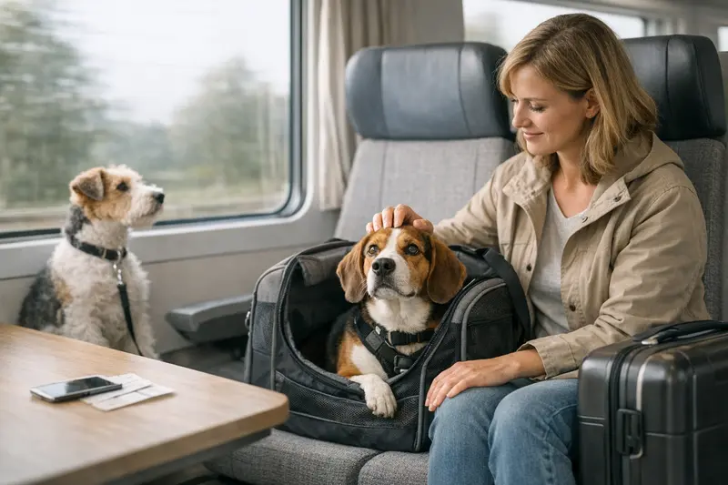 Hund im Zug mit Transportbox Ein Hund in einer Transportbox im Zug, bereit für die Reise.