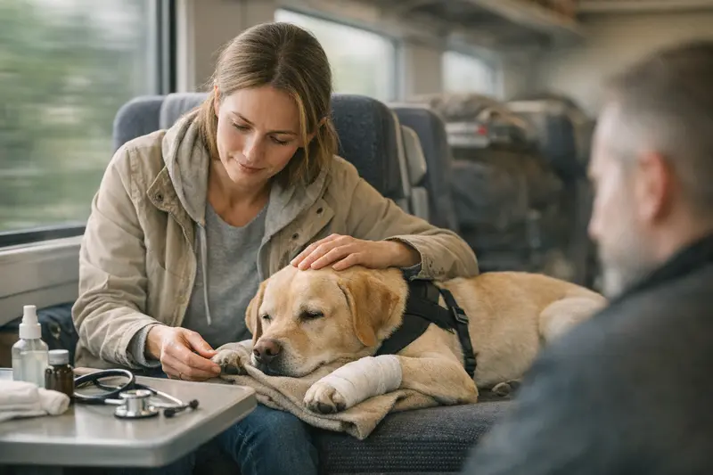 Hund im Zug – Haftpflichtversicherung und Tierarztkosten Hund sitzt im Zug und schaut besorgt, während der Besitzer über Haftpflichtversicherung nachdenkt.